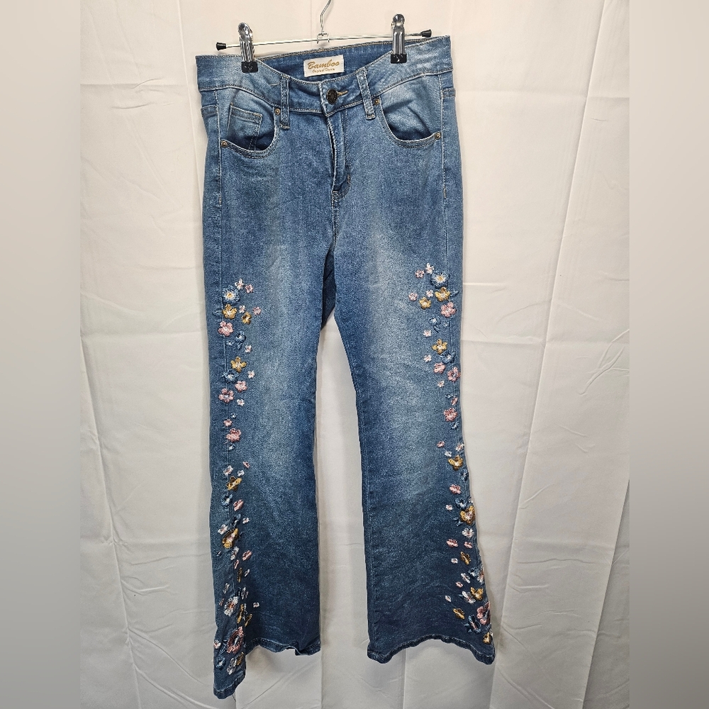 BAMBOO Blue Flare Jeans with Floral Embroidery